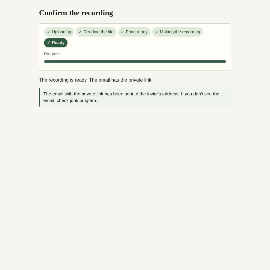 Confirm the recording screen with every stage ticked and a full progress bar. A message says the recording is ready, the email with the private link has been sent, and to check junk or spam if it does not arrive.