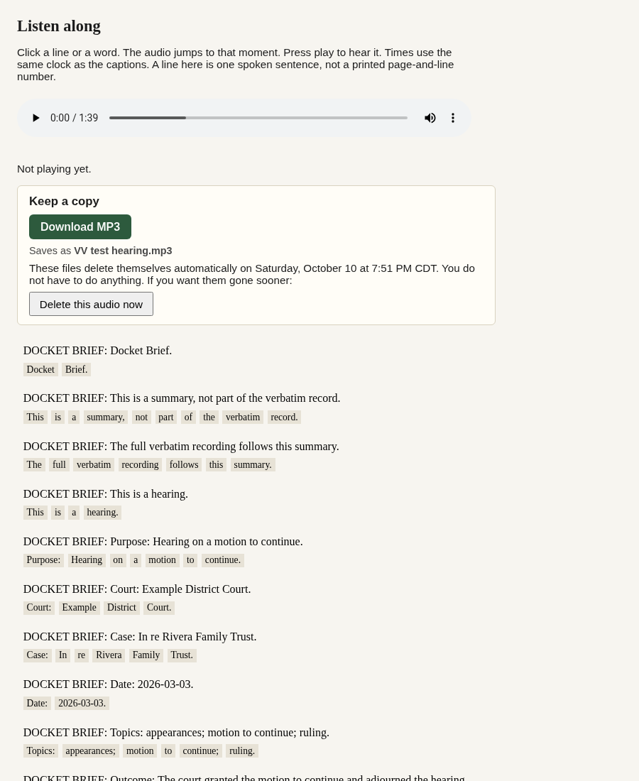 The private listen page. A Listen along heading, an audio player, and a Keep a copy box with a green Download MP3 button, the line Saves as VV test hearing.mp3, the automatic deletion time, and a Delete this audio now button. Below are lines of the text, each with its words shown as small clickable tags.